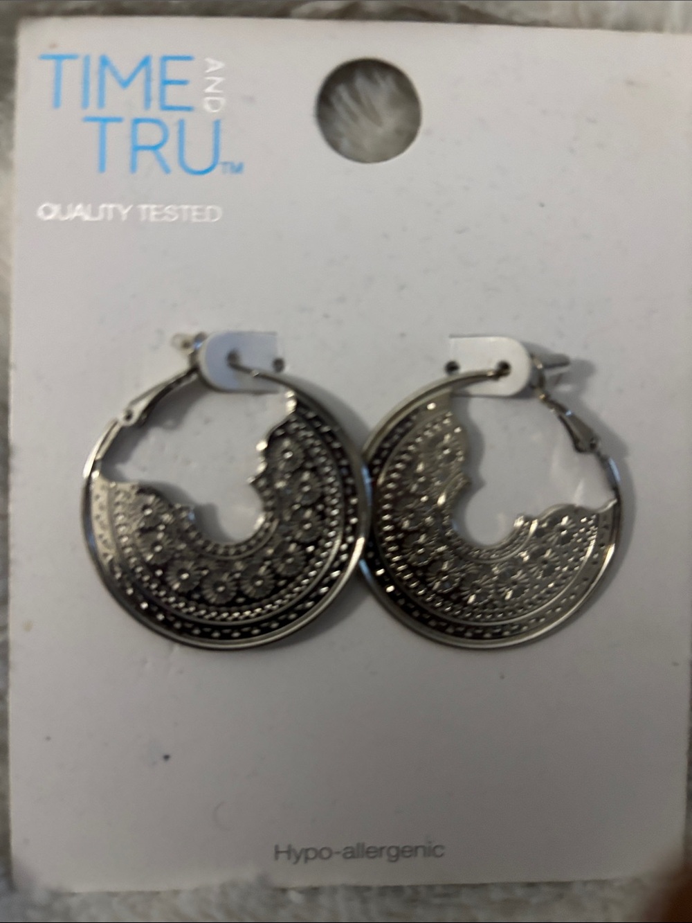 Time and Tru Silver-Tone Filigree Crescent Hoop Earrings
